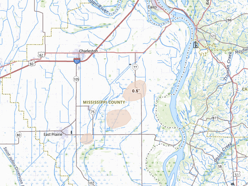Radar-estimated hail-size map of the storm over Charleston, MO on Apr 28, 2026