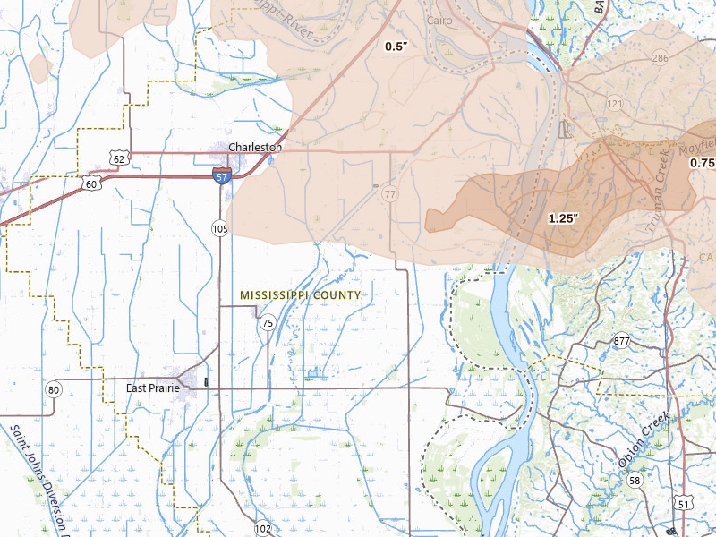Radar-estimated hail-size map of the storm over Charleston, MO on Jun 8, 2026