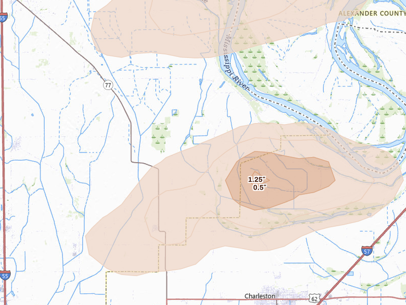 Radar-estimated hail-size map of the storm over Charleston, MO on Jun 26, 2026