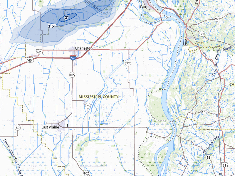 NEXRAD radar-signature map of the hail storm over Charleston, MO on Jun 26, 2026