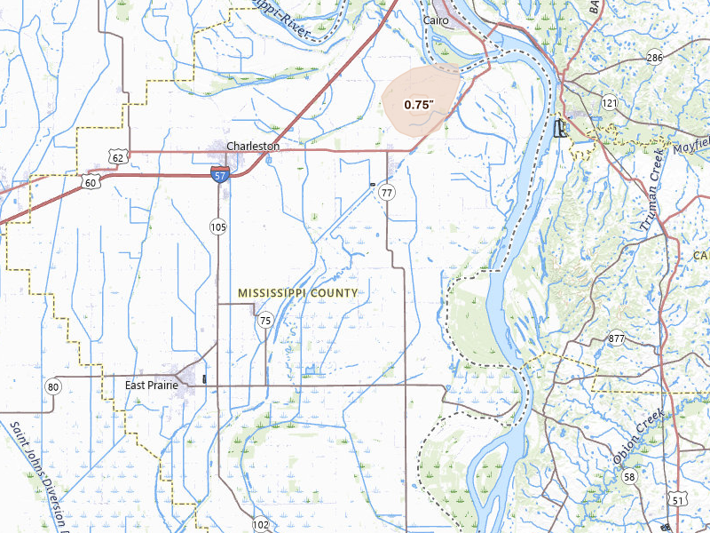 Radar-estimated hail-size map of the storm over Charleston, MO on Jul 3, 2026