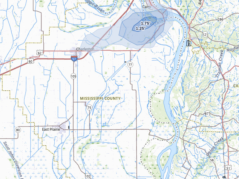 NEXRAD radar-signature map of the hail storm over Charleston, MO on Jul 3, 2026