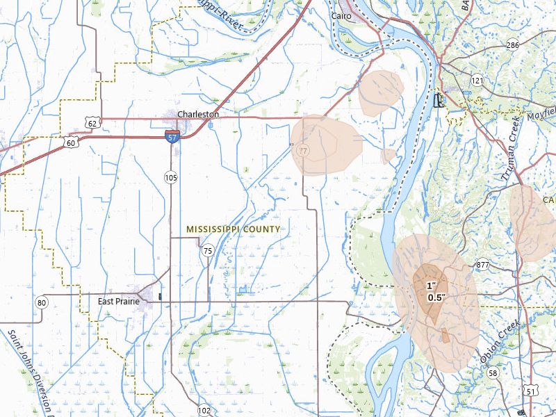 Radar-estimated hail-size map of the storm over Charleston, MO on Jul 4, 2026