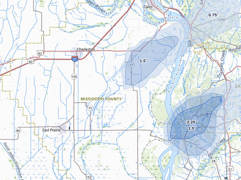 NEXRAD radar-signature map of the hail over Charleston, MO