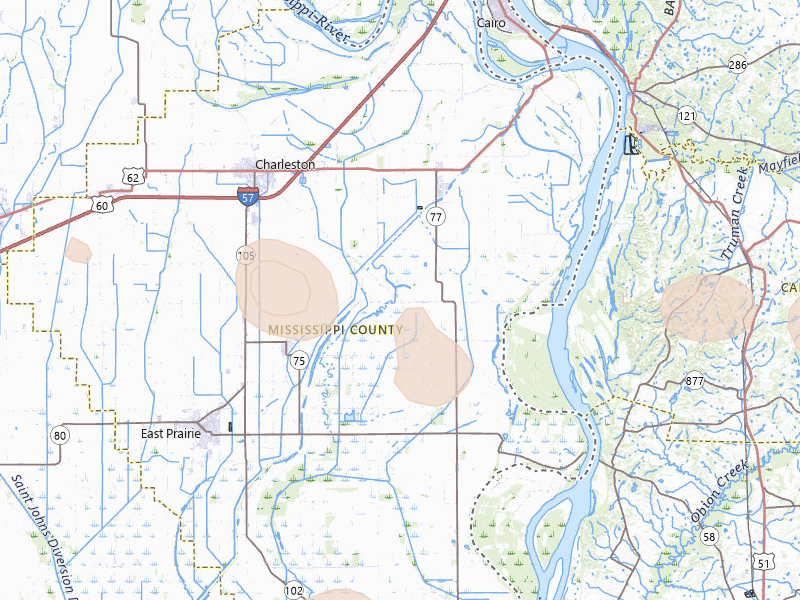 Radar-estimated hail-size map of the storm over Charleston, MO on Jul 5, 2026