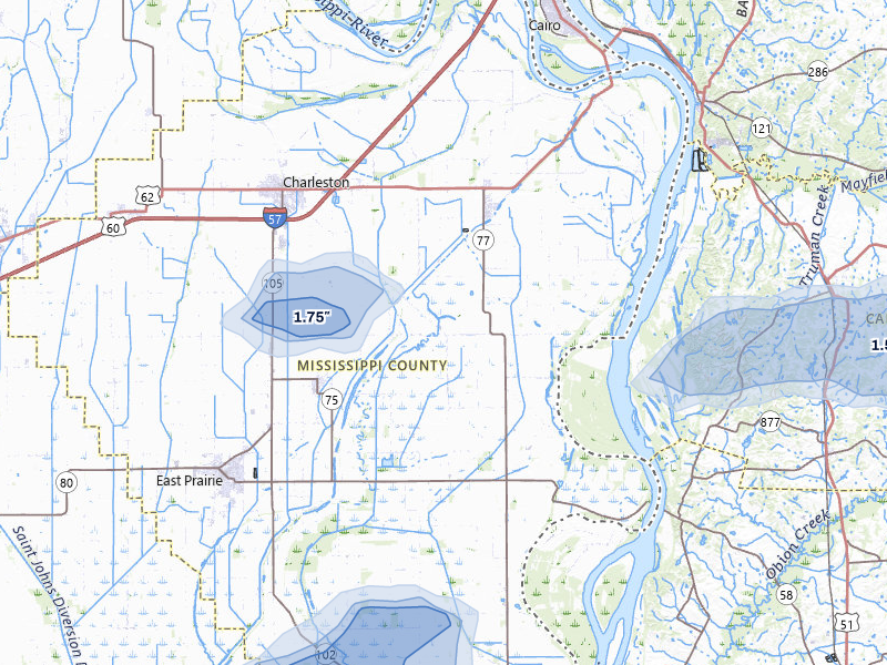 NEXRAD radar-signature map of the hail storm over Charleston, MO on Jul 5, 2026