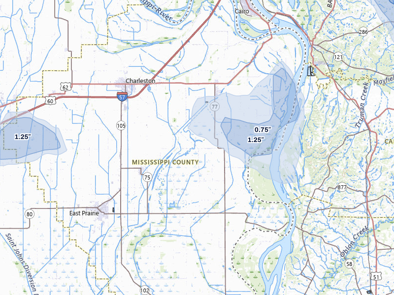 NEXRAD radar-signature map of the hail storm over Charleston, MO on Jul 8, 2026