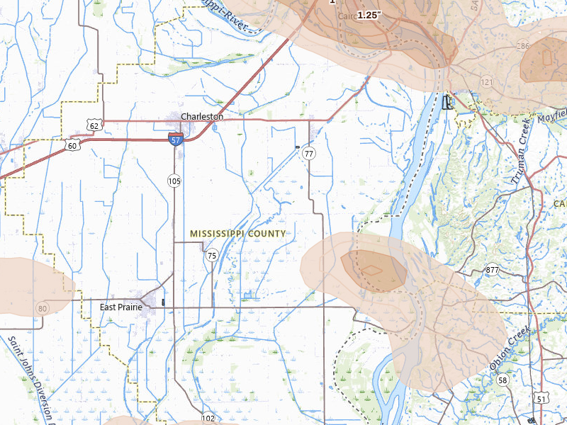 Radar-estimated hail-size map of the storm over Charleston, MO on Jul 9, 2026