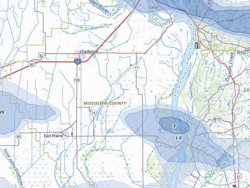 NEXRAD radar-signature map of the hail storm over Charleston, MO on Jul 9, 2026
