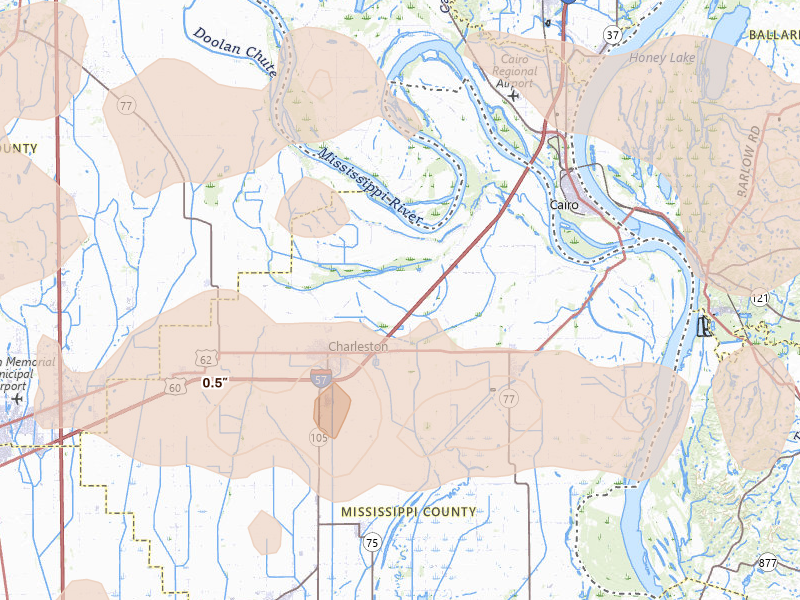 Radar-estimated hail-size map of the storm over Charleston, MO on Aug 19, 2026