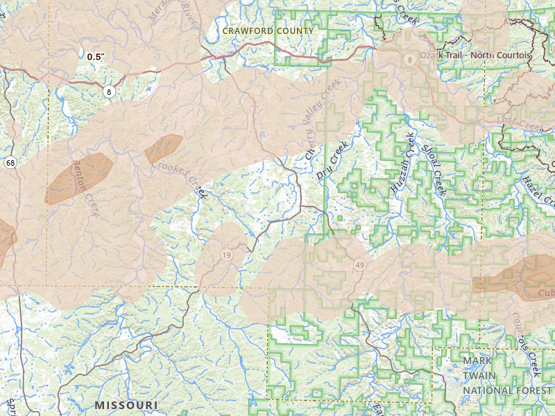Radar-estimated hail-size map of the storm over Cherryville, MO on Apr 26, 2026
