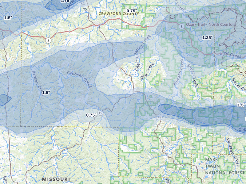NEXRAD radar-signature map of the hail over Cherryville, MO