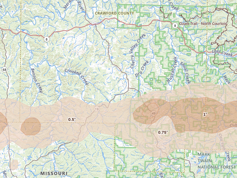 Radar-estimated hail-size map of the storm over Cherryville, MO on Apr 27, 2026