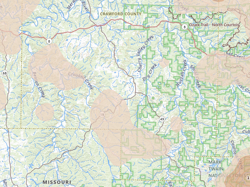 Radar-estimated hail-size map of the storm over Cherryville, MO on May 31, 2026