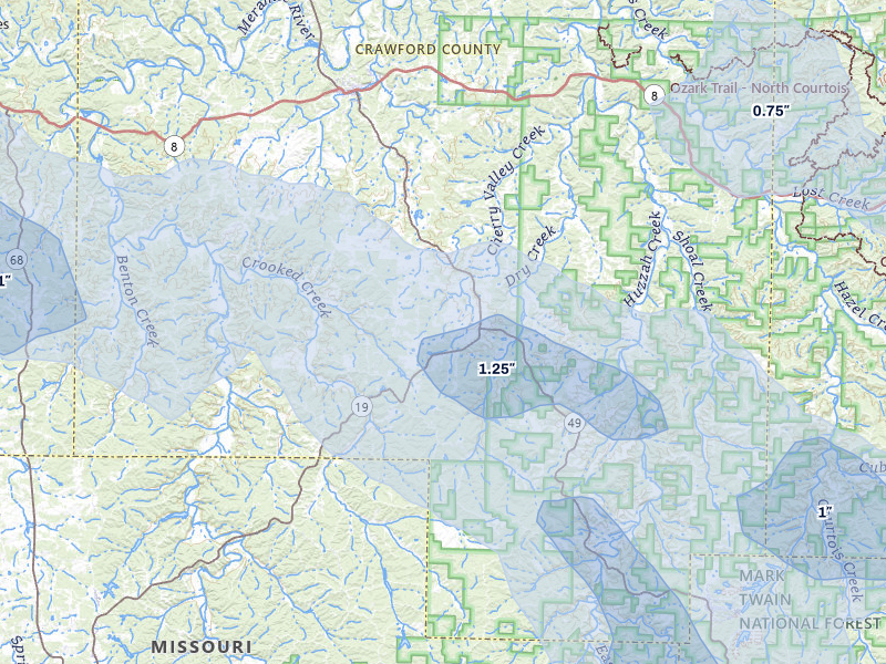 NEXRAD radar-signature map of the hail storm over Cherryville, MO on Jul 9, 2026