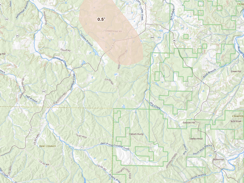 Radar-estimated hail-size map of the storm over Cherryville, MO on Sep 17, 2026