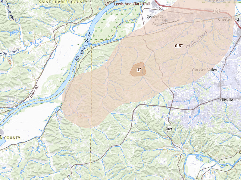 Radar-estimated hail-size map of the storm over Chesterfield, MO on Apr 17, 2026