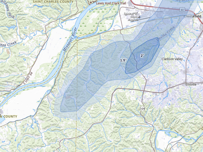 NEXRAD radar-signature map of the hail over Chesterfield, MO