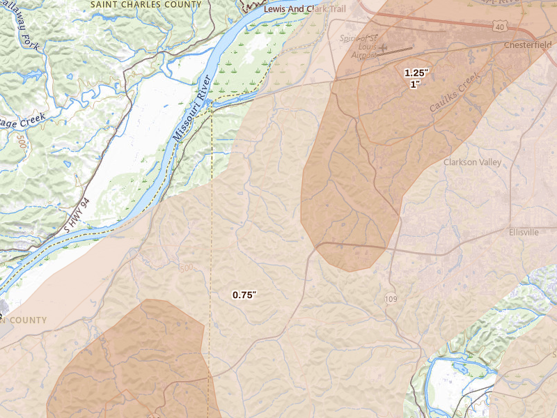Radar-estimated hail-size map of the storm over Chesterfield, MO on Apr 27, 2026