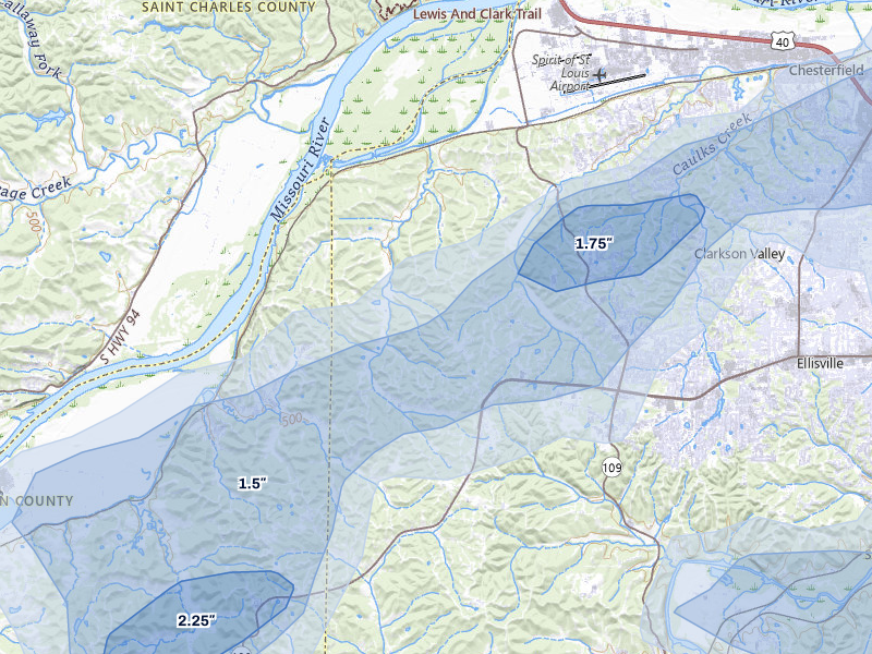 NEXRAD radar-signature map of the hail over Chesterfield, MO