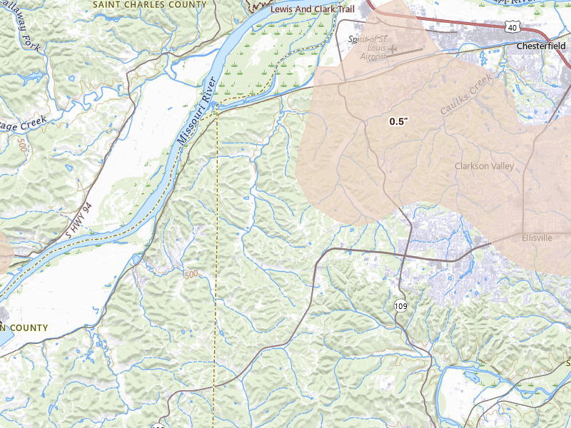 Radar-estimated hail-size map of the storm over Chesterfield, MO on May 31, 2026