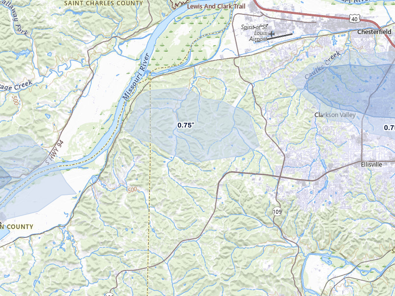 NEXRAD radar-signature map of the hail storm over Chesterfield, MO on May 31, 2026