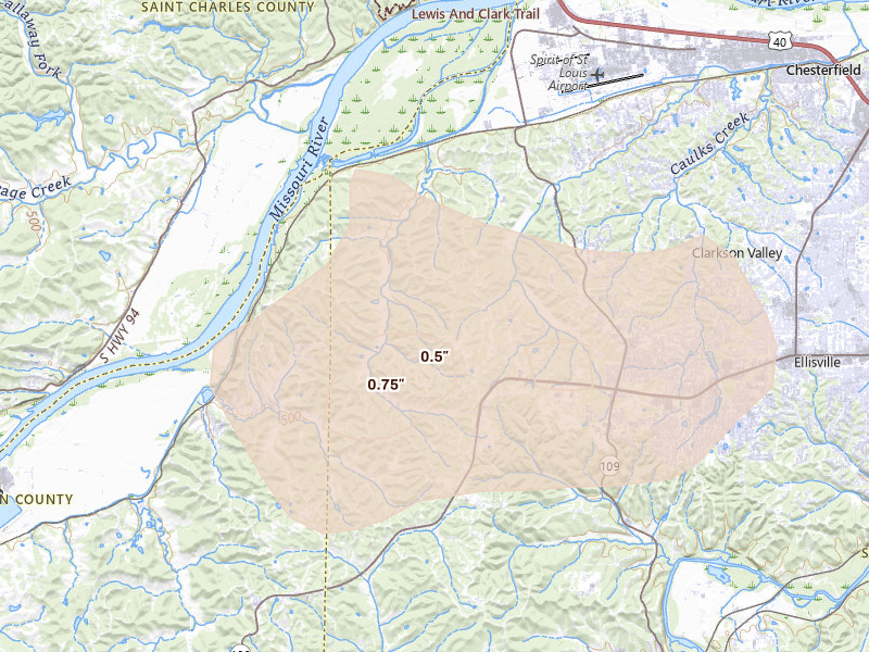 Radar-estimated hail-size map of the storm over Chesterfield, MO on Jul 4, 2026