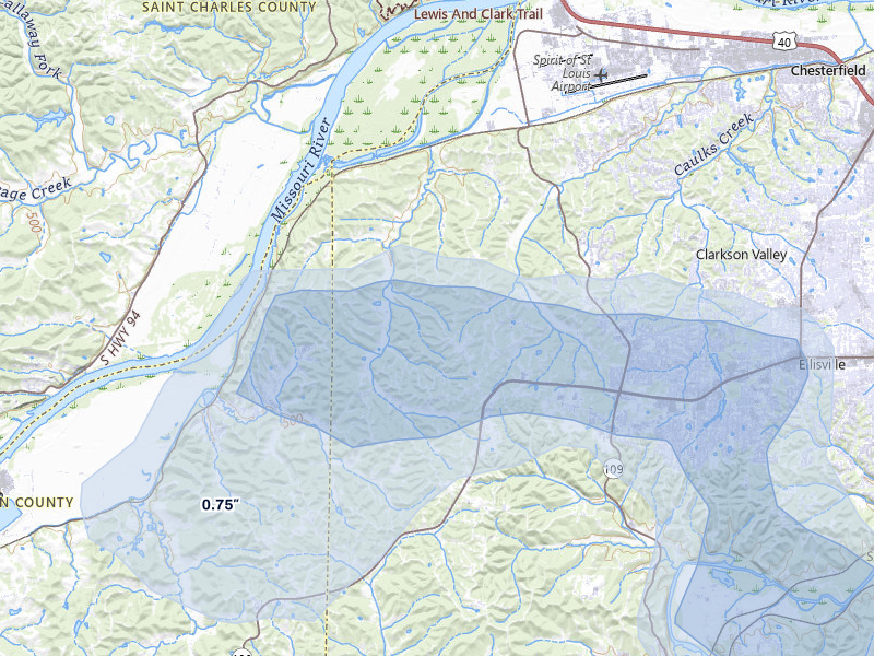 NEXRAD radar-signature map of the hail over Chesterfield, MO