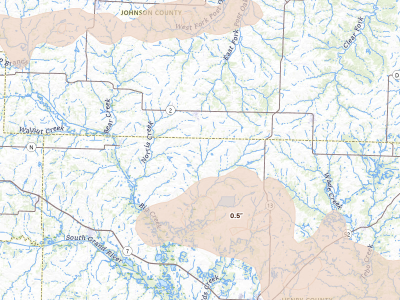 Radar-estimated hail-size map of the storm over Chilhowee, MO on Apr 13, 2026