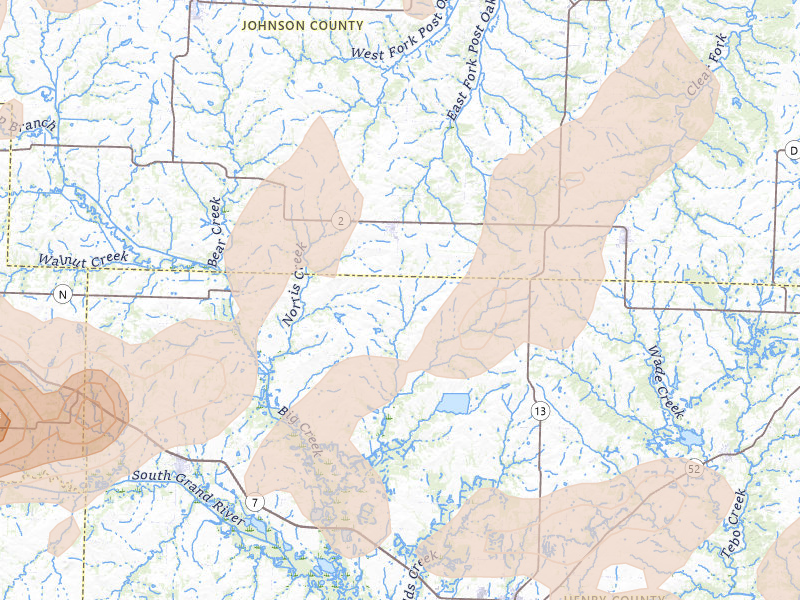 Radar-estimated hail-size map of the storm over Chilhowee, MO on Apr 26, 2026