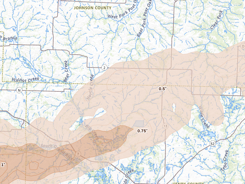 Radar-estimated hail-size map of the storm over Chilhowee, MO on Apr 27, 2026