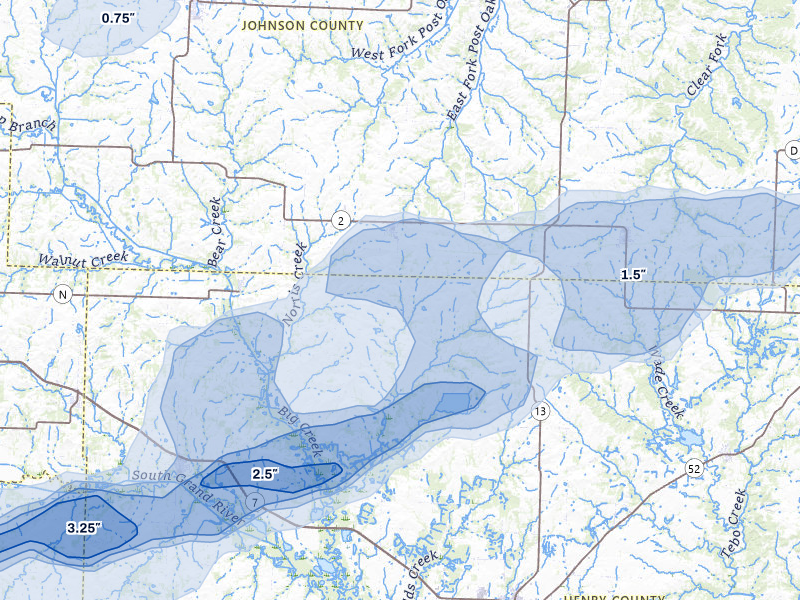 NEXRAD radar-signature map of the hail storm over Chilhowee, MO on Apr 27, 2026