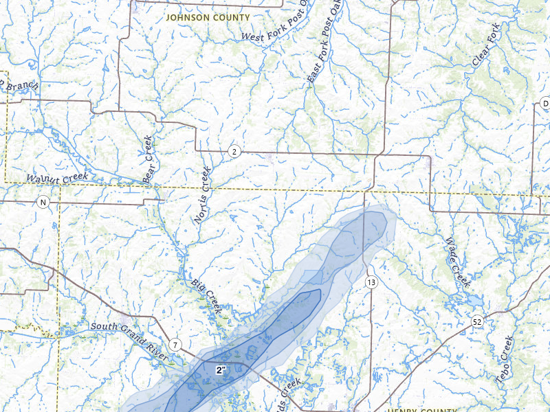 NEXRAD radar-signature map of the hail storm over Chilhowee, MO on Apr 28, 2026