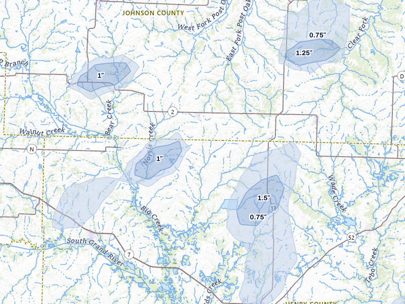 NEXRAD radar-signature map of the hail storm over Chilhowee, MO on May 30, 2026