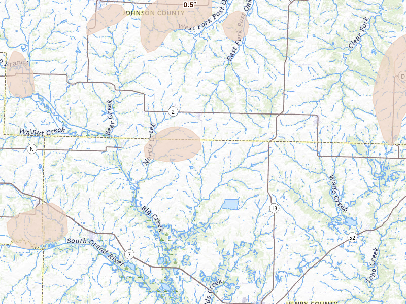 Radar-estimated hail-size map of the storm over Chilhowee, MO on Jul 8, 2026