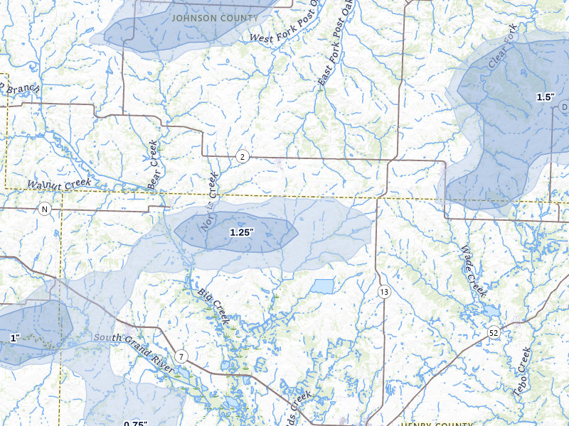 NEXRAD radar-signature map of the hail storm over Chilhowee, MO on Jul 8, 2026