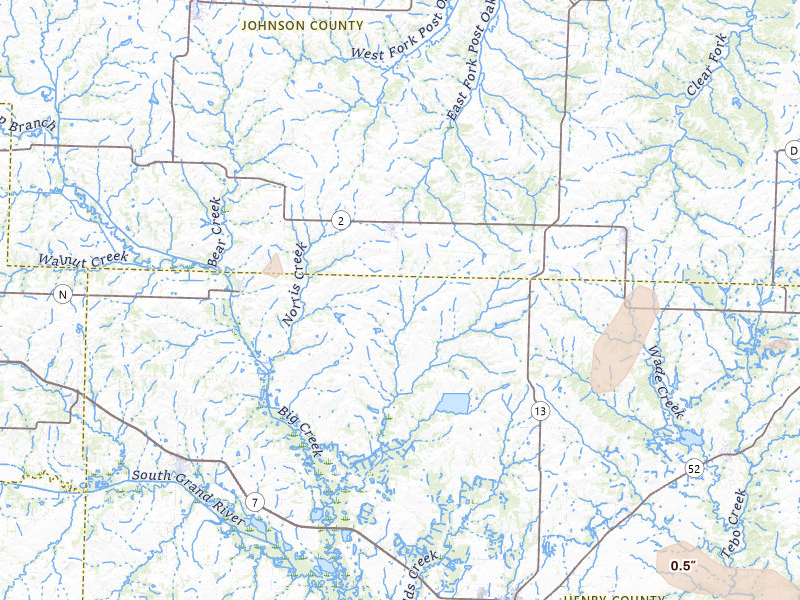 Radar-estimated hail-size map of the storm over Chilhowee, MO on Jul 9, 2026