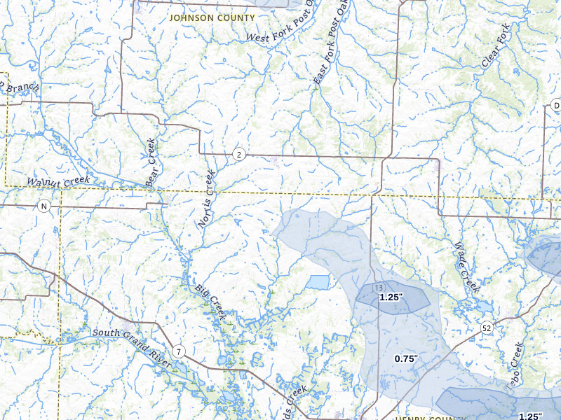 NEXRAD radar-signature map of the hail storm over Chilhowee, MO on Jul 9, 2026