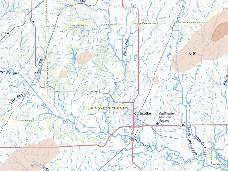 Radar-estimated hail-size map of the storm over Chillicothe, MO on Mar 10, 2026