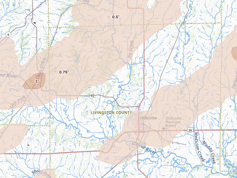 Radar-estimated hail-size map of the storm over Chillicothe, MO on Apr 17, 2026