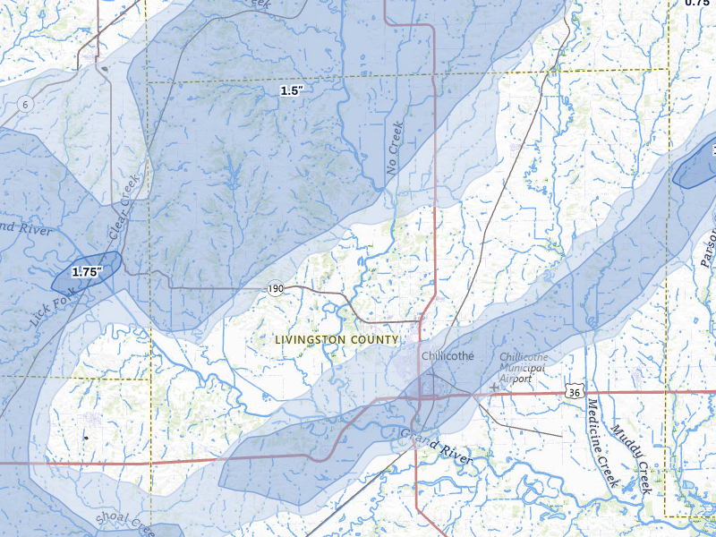 NEXRAD radar-signature map of the hail over Chillicothe, MO