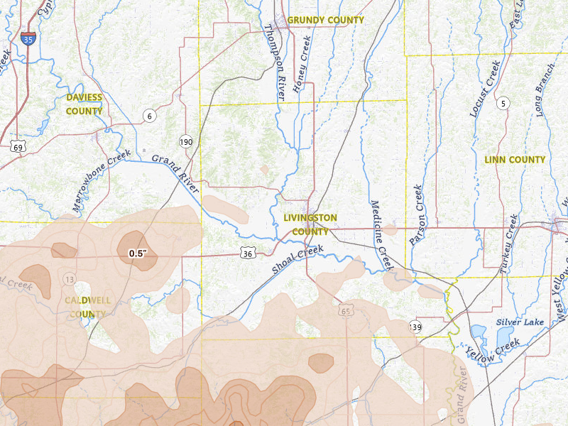 Radar-estimated hail-size map of the storm over Chillicothe, MO on Apr 26, 2026