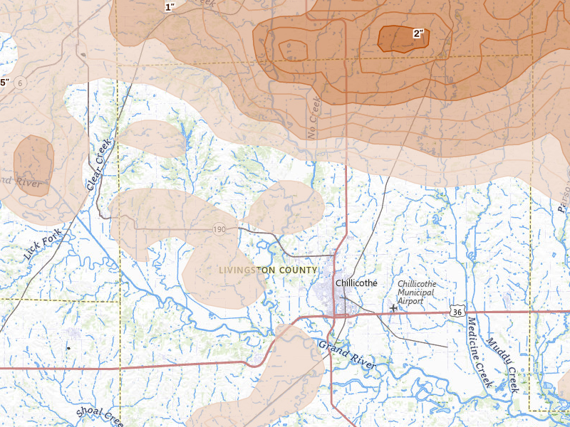 Radar-estimated hail-size map of the storm over Chillicothe, MO on May 16, 2026