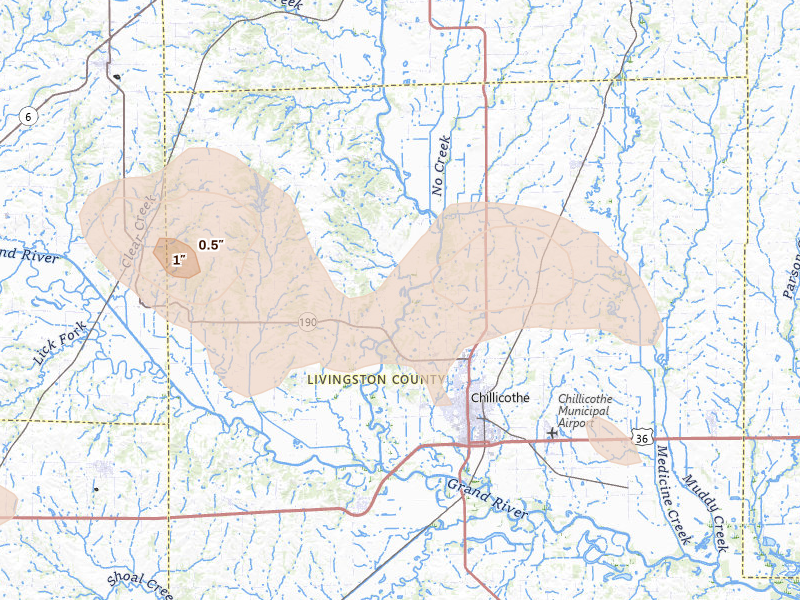 Radar-estimated hail-size map of the storm over Chillicothe, MO on May 31, 2026