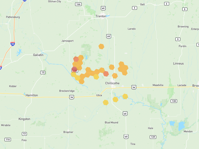 Hail map of Chillicothe, MO on Jun 1, 2026, hail up to 2"