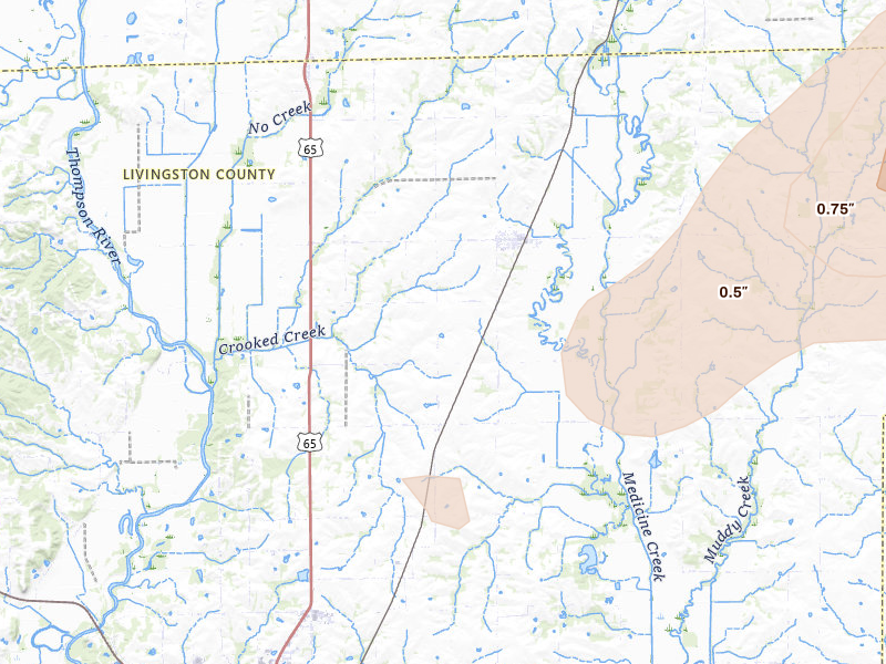 Radar-estimated hail-size map of the storm over Chula, MO on Mar 10, 2026