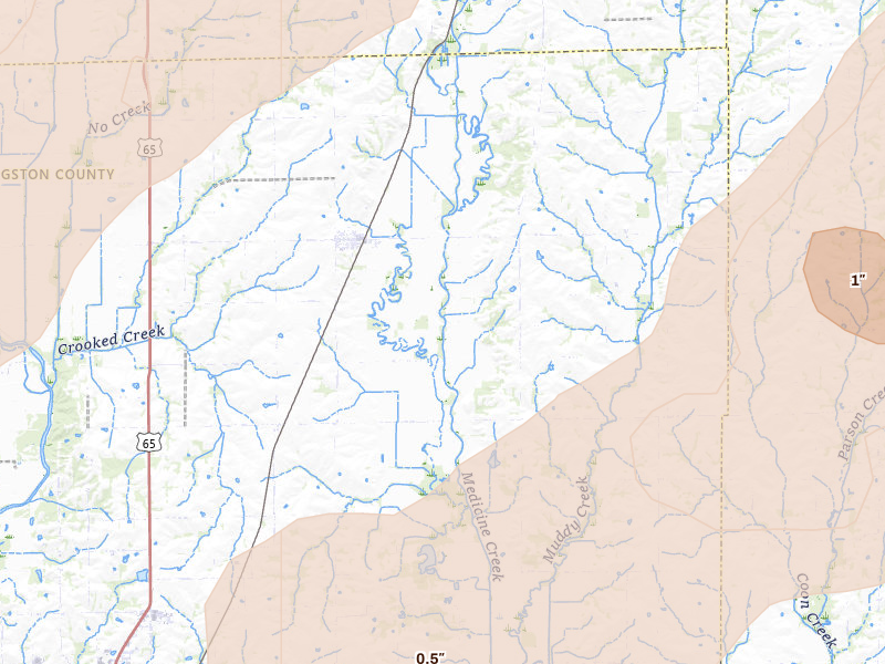 Radar-estimated hail-size map of the storm over Chula, MO on Apr 17, 2026