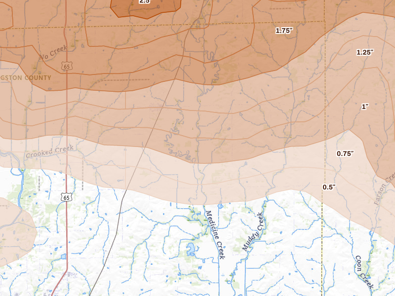 Radar-estimated hail-size map of the storm over Chula, MO on May 16, 2026