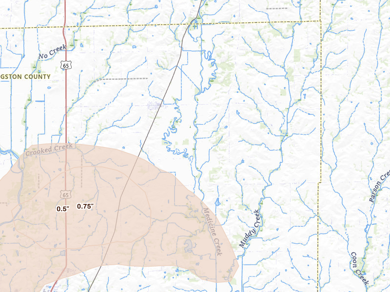 Radar-estimated hail-size map of the storm over Chula, MO on May 31, 2026