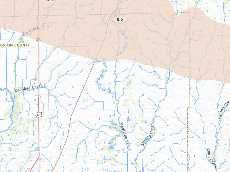 Radar-estimated hail-size map of the storm over Chula, MO on Jun 10, 2026